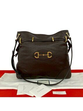 Gucci Horsebit Leather Drawstring Shoulder Bag Brown